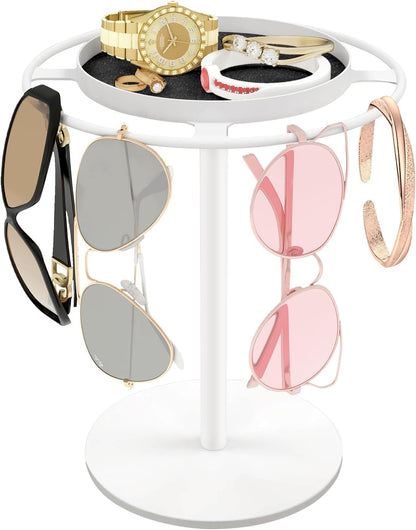 Metal Sunglass Organizer, Glasses Holder Stand with Storage Tray, White | Sunglass Holder with Non-Slip Pad for Nightstand, Tabletop, Desk, Dresser, Hanging up to 9 Pairs Sunlasses/Reading Glasses1