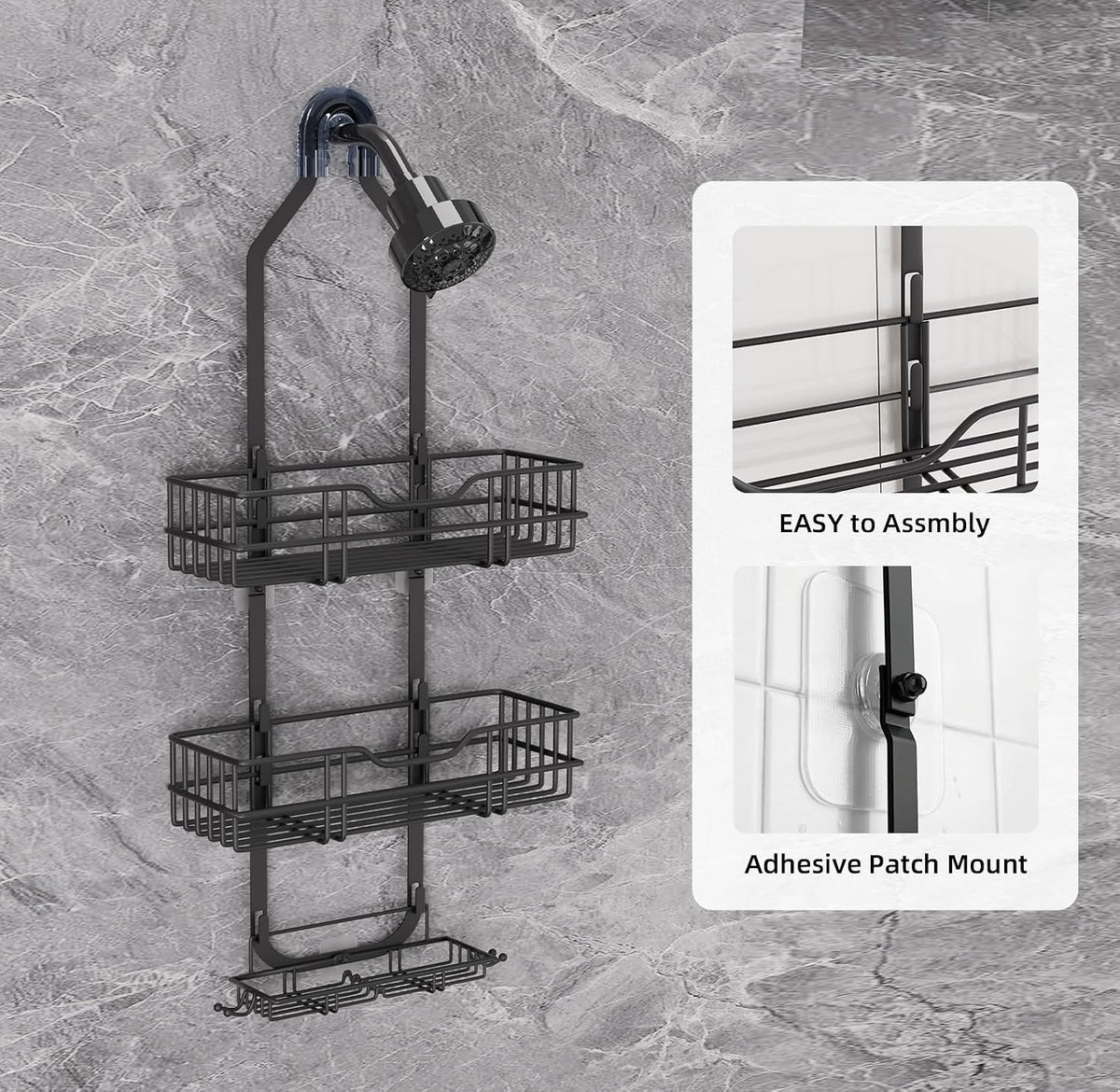 over-the-shower-head-caddy-3-tier-hanging-shower-shelves-rustproof-shower-storage-organizer-with-hooks-and-soap-holder-no-drilling-bathroom-shower-rack-black