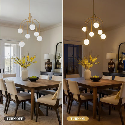 6 Lights Mid Century Modern Chandelier, Milk Glass Globe Chandelier Light Fixture with Gold Metal & White Ball, Large Pendant Lighting Ceiling Hanging for Dining Room Kitchen Island Entryway7