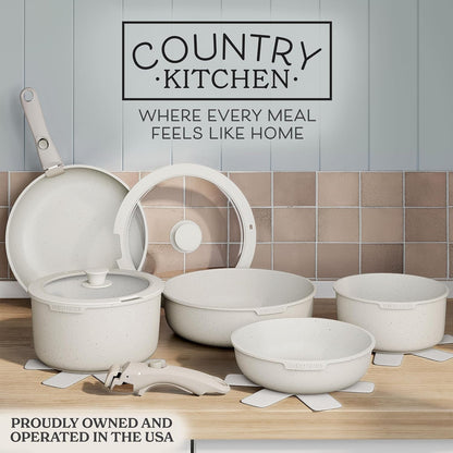 Cookware Set with Removable Handle, Oven & RV Safe Pots and Pans Set, Cream, Original2