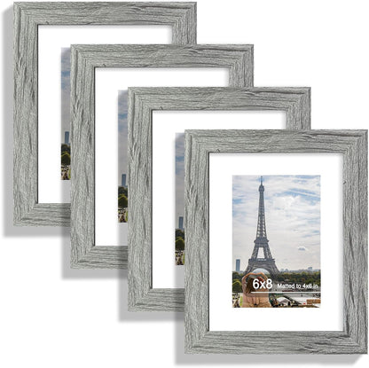 6X8 Picture Frame Set of 4, Made of Real Glass and Grey Frame - Display Picture 4X6 with Mat or 6X8 without Mat, 6 by 8 Photo for Wall or Tabletop1