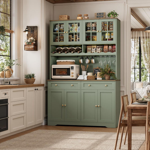 75" Kitchen Pantry Storage Cabinet, Coffee Bar Hutch Cabinet, Green | Tall Pantry Cabinet with Charging Station / Wide Countertop / Glass Doors / Wine Rack / Cup Holder / Drawers, Dining Room4