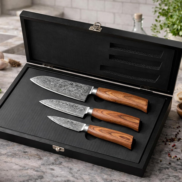 EDIB Pro Kitchen Knife Set, 3-Piece VG10 Damascus, Pakkawood Handles7