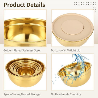 20 PCS Gold Mixing Bowls with Lids Set - 7 Mixing Bowls with 3 Graters, 8 Measuring Spoons, 1 Whisk, and 1 Food Tong, Nesting Bowl Set for Baking, Cooking, Meal Prep3