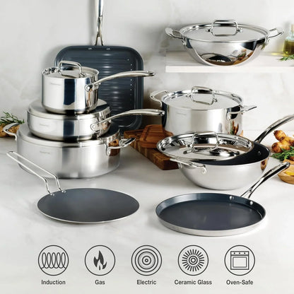Utsava Tri-Ply Clad Stainless Steel 4-Quart Kadai with Lid | Ceramic Non Stick Interior, Induction-Ready Large Kadhai Pot for Indian Cooking7
