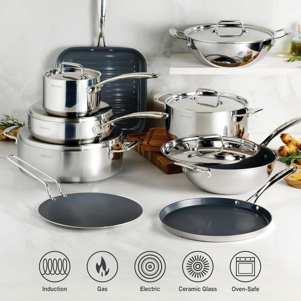 Utsava Tri-Ply Clad Stainless Steel 4-Quart Kadai with Lid | Ceramic Non Stick Interior, Induction-Ready Large Kadhai Pot for Indian Cooking7