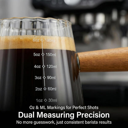 6 Oz Espresso Cups with Wood Handle, Espresso Accessories, Ribbed Milk Frothing Pitcher, Glass Measuring Cup, Shot Glass with V-Shaped Mouth, Coffee Bar Epresso Shots Cup3
