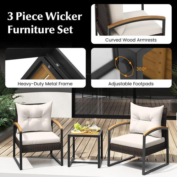 3 Piece Patio Conversation Set, Includes 2 Rattan Chairs and Coffee Table, Solid Acacia Wood Armrests & Tabletop, Outdoor Cushioned Wicker Furniture Set for Backyard, Poolside, Lawn, Garden9