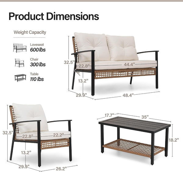 4-Piece Patio Conversation Set, Comfortable Oversized Outdoor Furniture Set with Soft Cushion and Storage Metal Coffee Table for Backyard, Porch, Garden and Poolside, Beige3