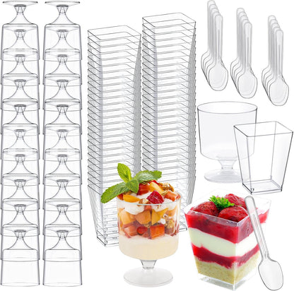 320-Pack Dessert Cups with Spoons 5 Oz Mini Plastic Dessert Cups for Party Yogurt Parfait Jello Fruit Appetizer Cocktail Small Clear Reusable Square and round Goblet-Shaped Dessert Bowls Shot Glasses1
