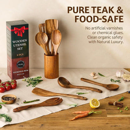 9-Piece Teak Wood Cooking Utensil Set with Holder4