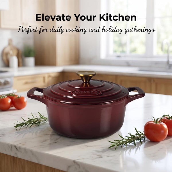 La Cuisine Enameled Cast Iron Dutch Oven Casserole Pot with Golden Handle for Lid, Internal Matte Black Enamel Coating, 5 QT 10.5" / 26Cm Ø, Oven-Safe 550°F/276°C, Cranberry7
