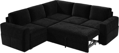 Modular Sectional Sleeper Sofa with Pull Out Bed,Corduroy L Shaped Couch with Storage, Sectional Couches for Living Room,Black9