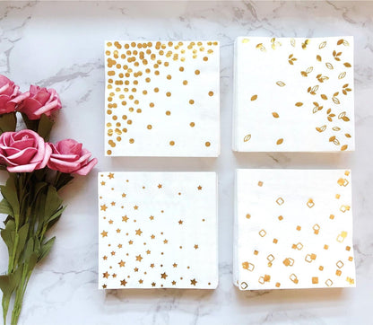 100 PK Gold Napkins - 4 Assorted Designs - 3-Ply Cocktail Napkins Folded 5 X 5 Inches Bar Napkins Disposable Party Napkins Paper Napkins Dinner for Wedding Baby Shower Birthday Graduation 20237