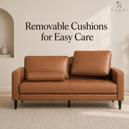 Marisa Genuine Leather Mid-Century Modern Sofa, Tan6