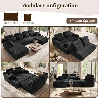 134" Boneless Couches for Living Room - Modular Sectional Sofa U Shaped Oversized Deep Seat High Back Corduroy No Assembly Modern Cloud Big Comfy Floor Couches (Black)6