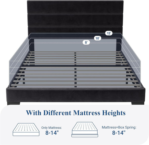 Queen Size Platform Bed Frame with Velvet Upholstered Headboard7