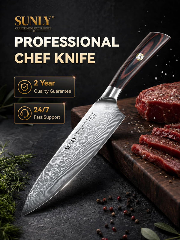 Damascus Chef Knife 8-Inch, Professional Kitchen Knife with Ultra-Sharp 15° Edge, Vg-10-Type (10Cr15Comov) Core, 67-Layer Steel, 60±2 HRC, Ergonomic Wood Handle7