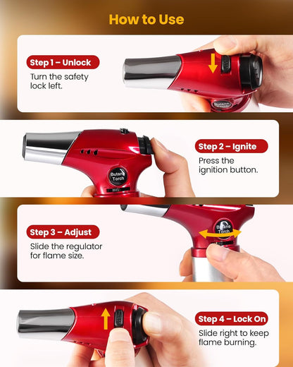 Culinary Torch, Refillable Butane Kitchen Torch with Lock, Red | Adjustable Flame, Ideal Torch for Creme Brulee, Baking, Cooking, and Food Prep with Easy Ignition, Gas Not Included6
