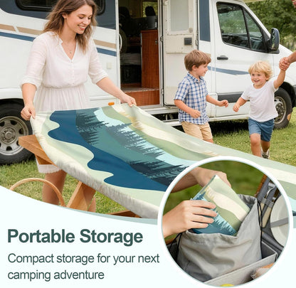 Picnic Table Cover Bench Covers Camping Essentials Tablecloth | Waterproof Vinyl for Outdoor, Windproof Elastic Fitted Edges, RV BBQ Accessories Must Haves, Storage Bag Included6
