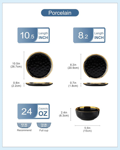 12 Pieces Plates and Bowls Sets, Porcelain Black and Gold Dinnerware Sets, round Dinner Plates Dishes Set Service for 4, Dishwasher Safe and Scratch Resistant, Black2