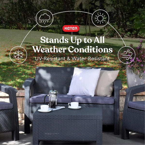 Keter Corfu 4 Piece Set All Weather Outdoor Patio Garden Furniture with Cushions, Charcoal5