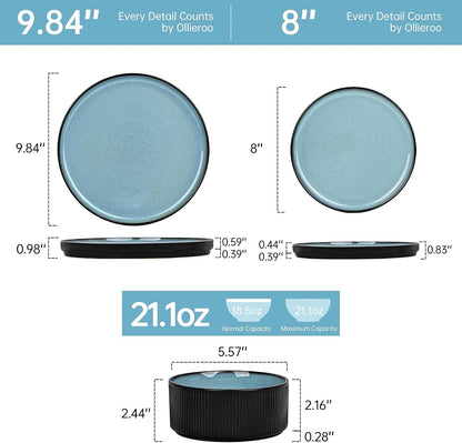 12 Pcs Reactive Glaze Teal Stoneware Dinnerware Sets for 43