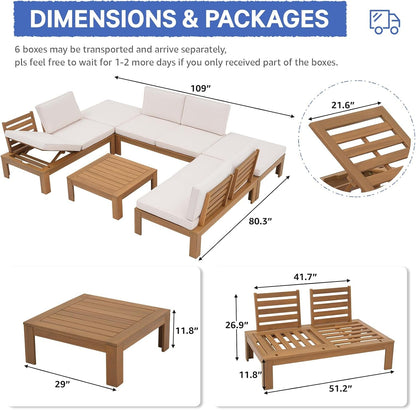 6 Piece Acacia Wood Patio Furniture Outdoor Sectional Sofa Set7