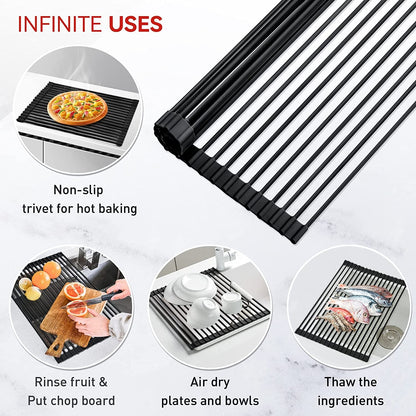 Roll up Dish Drying Rack Silicone Wrapped over the Sink Dish Drying Rack Multipurpose Foldable Sink Drying Mat Anti-Slip & Anti-Rust Dish Rack for Kitchen, 17.5" X 13", Black7