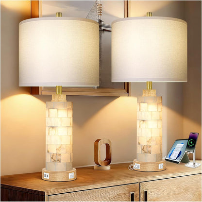 27" Alabaster and Wood Table Lamps Set of 2 with Night Light | Nightstand Lamps with USB Ports, White Linen Fabric Shade, Bedside Lamp for Living Room Bedroom Home Office Hotel Bar House1
