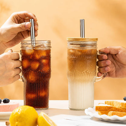 Glass Tumbler, 24 Oz Ice Coffee Cups with Bamboo Lid and Handle | Stainless Steel Straws and Cleaning Brushes, Boho Pattern Design for Iced Coffee, Smoothies, Tea and Daily Drinks8