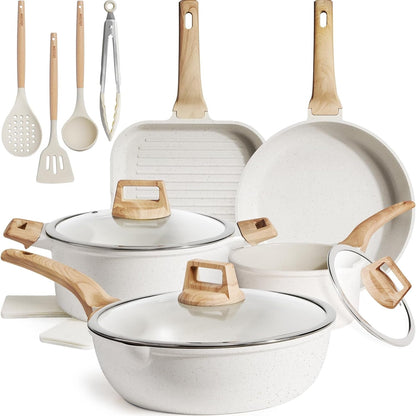 16Pcs Ceramic Pots and Pans Set Non Stick, Includes a 9.5" Grill Pan, Induction Kitchen Cookware Sets, White Nonstick RV Kitchen Camping Cooking Sets Stackable (PTFE, PFOS, PFOA Free)1