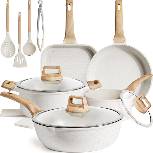 16Pcs Ceramic Pots and Pans Set Non Stick, Includes a 9.5" Grill Pan, Induction Kitchen Cookware Sets, White Nonstick RV Kitchen Camping Cooking Sets Stackable (PTFE, PFOS, PFOA Free)1