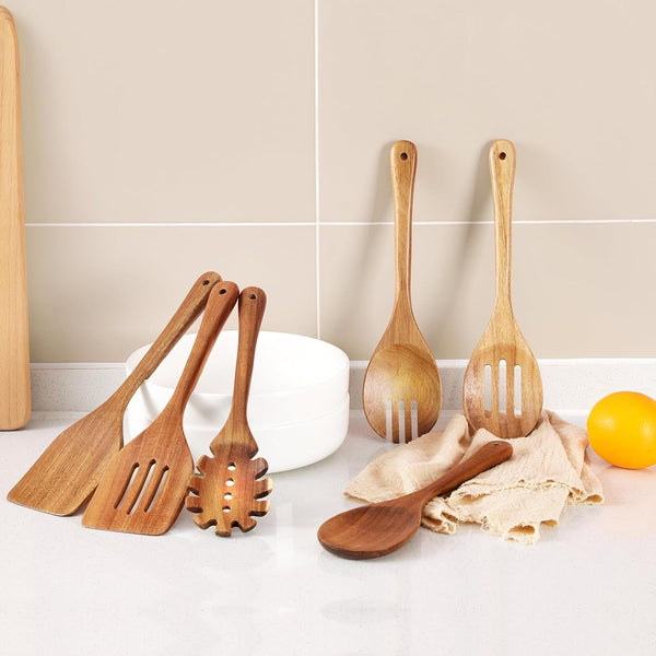 Wooden Cooking Utensils, 6 Pieces Natural Acacia Wooden Spoons for Cooking with Non Stick & Heat Resistant Design, Wooden Kitchen Utensil Set with Hanging Hole for Stirring, Mixing, Cooking9