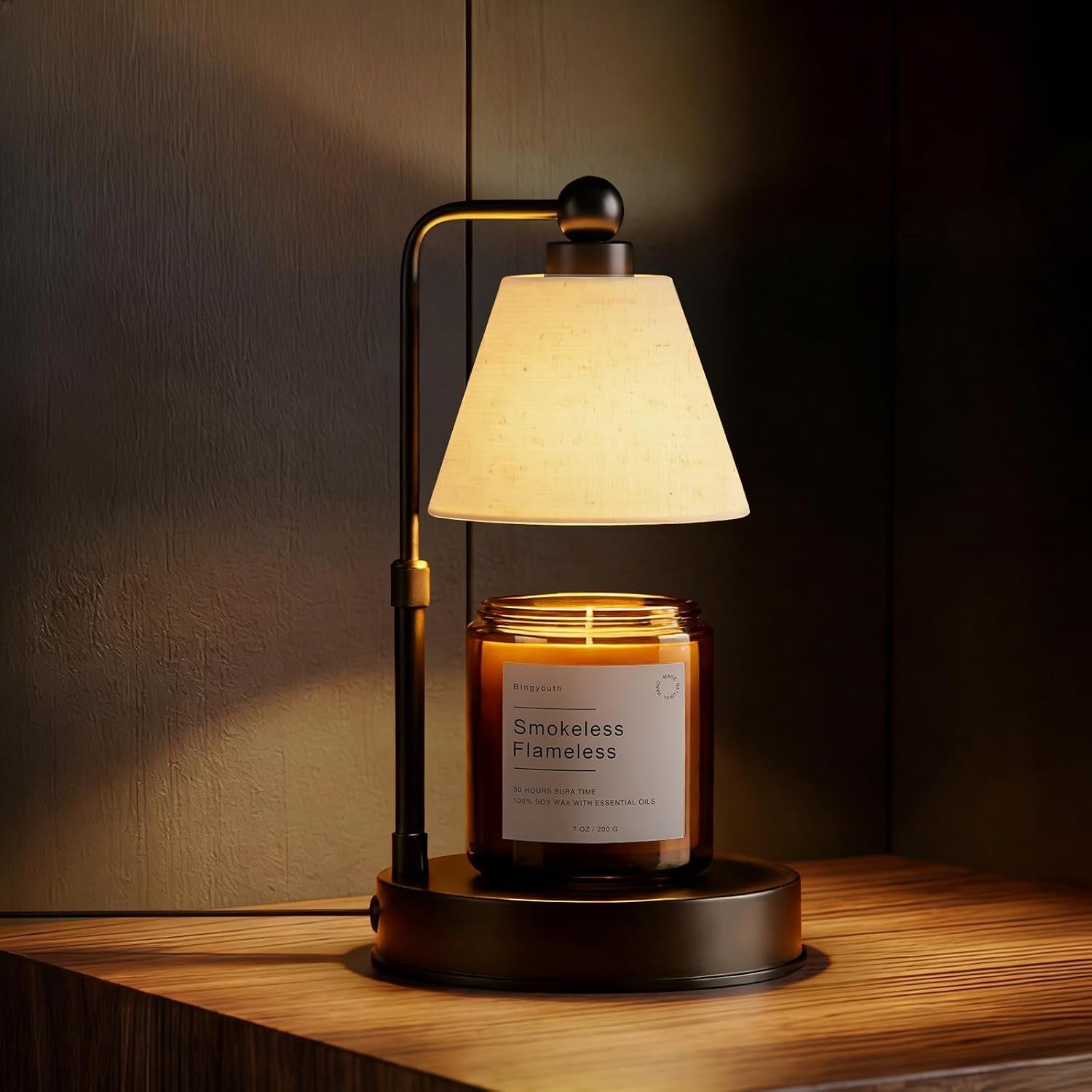candle-warmer-lamp-with-timer-dimmable-adjustable-height-modern-farmhouse-linen-shade-black-candle-warming-lamp-for-up-to-6-inch-jar-candles-2-bulbs-included