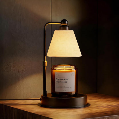 Candle Warmer Lamp with Timer, Dimmable, Adjustable Height, Modern Farmhouse Linen Shade, Black Candle Warming Lamp for up to 6-Inch Jar Candles, 2 Bulbs Included1