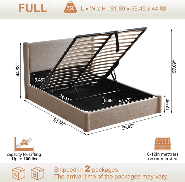 Full Lift up Storage Bed Frame, 44.88" Tall Upholstered Headboard, Soft Rounded Corner Design, Bouclé Texture Platform Bed with Hydraulic Storage, No Box Spring Needed, Soft Beige2