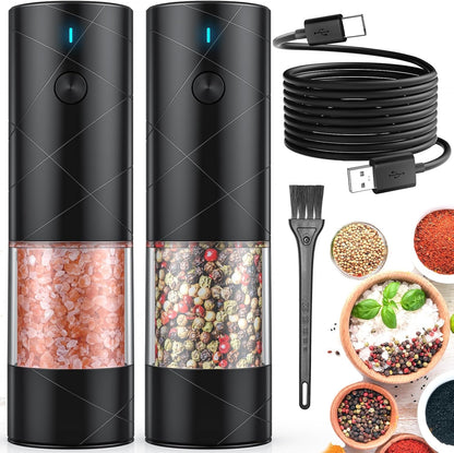 2Pack Electric Salt and Pepper Grinder Set USB Rechargeable with Warm LED Light, Adjustable Coarseness  Large Capacity Automatic Salt Pepper Mill Shakers for Kitchen, Restaurant, Outdoor, Black1