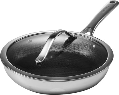 Woks & Stir-Fry Pans Nonstick-Hybrid Tri-Ply Stainless Steel Wok10" Nonstick Skillet with Lid,Wave Etch Textured Interior,Dishwasher Safe & Oven Safe PTFE & PFOA FREE Kitchen Cookware for All Cooktops1