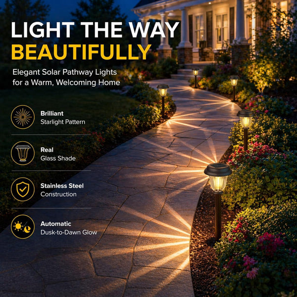 8 Pack Solar Lights Outdoor, Stainless Steel Glass Solar Pathway Lights, Auto On/Off Long-Lasting Waterproof Garden Lights for Landscape, Path, Yard, Driveway, Walkway Decor (Warm White)6