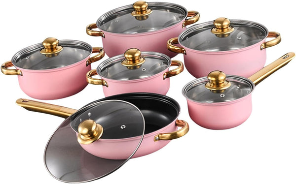 6 Pieces Pots and Pans Nonstick Cookware Set Stainless Steel Milk Saucepan Frying Pan Kitchen Utensils Glass Lids Wear Resistant Comfortable Handles S, Pink7