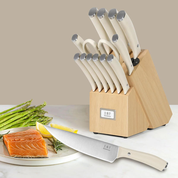 15 Pcs Knife Block Set, Japanese High Carbon Stainless Steel Sharp Blade Knife Set, Razor Sharp Knives Set for Kitchen, Dishwasher Safe, Elegant Box for Men Women, Natural2