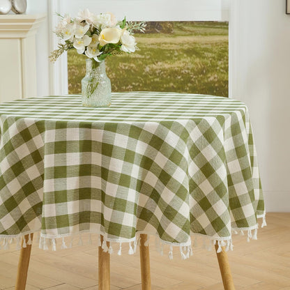 Round Gingham Tablecloth 60Inch, Cotton Linen Style, Green1