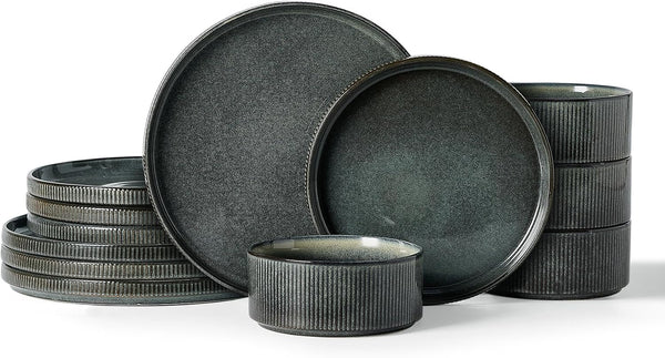 Star Stoneware Dinnerware Set, Reactive Glaze Plates & Bowls for 41