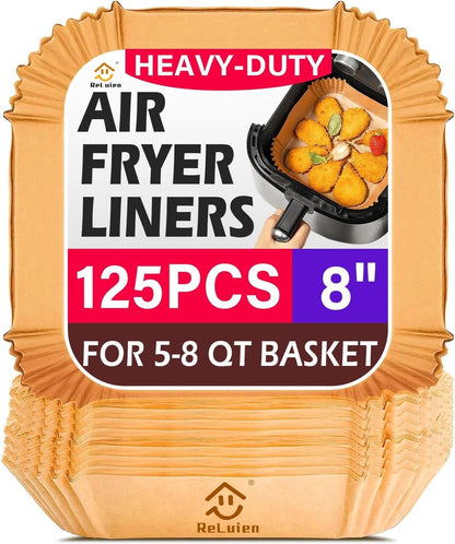 Air Fryer Liners Disposable 125 Pcs, 8 Inch Paper for 5-8 QT Air Fryers | Square Unbleached Parchment Paper, Non-Stick, Greaseproof for Baking, Roasting, Microwave, Oven, Airfryer Basket Accessories1