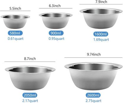 Mixing Bowl Set of 5, Stainless Steel Mixing Bowls, Nesting Whisking Bowl Set for Cooking, Baking, Serving, Food/Salad Prep4