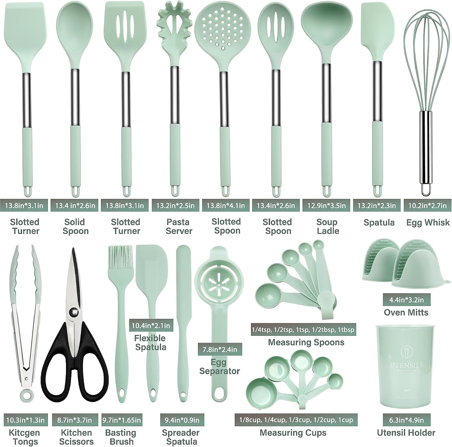 silicone-cooking-utensils-set-28-pcs-non-stick-kitchen-utensils-set-with-holder-446-f-heat-resistant-spatula-tongs-spoons-set-with-stainless-steel-handle-kitchen-gadgets-light-green