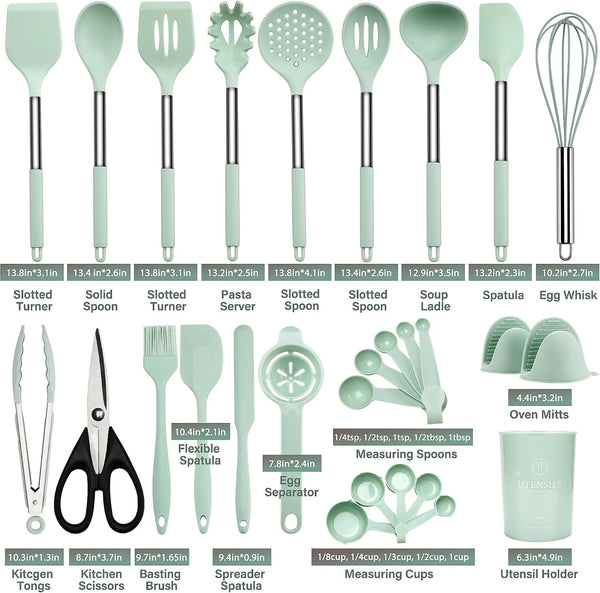 Silicone Cooking Utensils Set, 28 Pcs Non-Stick Kitchen Utensils Set with Holder, 446°F Heat Resistant Spatula, Tongs, Spoons Set with Stainless Steel Handle Kitchen Gadgets (Light Green)3