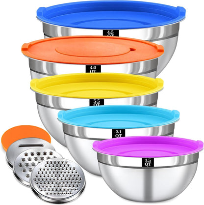 8-Piece Colorful Stainless Steel Mixing Bowl Set with Lids, Includes 5 Nesting Bowls and 3 Grater Attachments for Mixing and Serving, 1.5/2.1/3.5/4/4.5 QT1