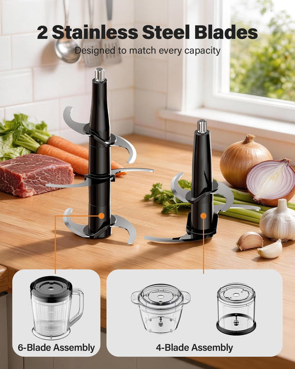 3-In-1 Small Food Processor/Blender, 400W Powerful Food Chopper with 6-Cup Jar, 4-Cup Processor Bowl & 2-Cup Chopper Bowl, for Food Prep, Smoothies and Milkshakes4